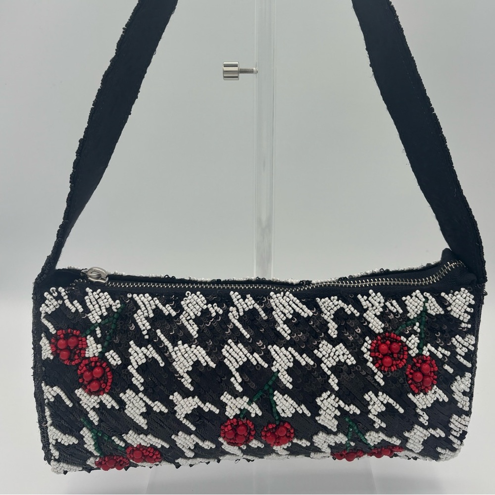Black Beaded Houndstooth Shoulder Bag - Red Cherry Motif - Made in India